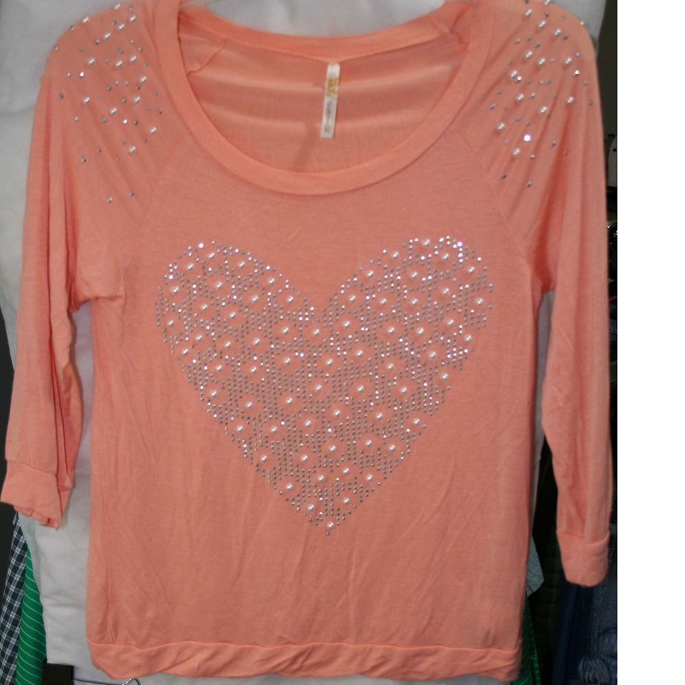 Occasion Womens Peach Heart Studded Pearl Top 3/4 Sleeve RSP1351 Small